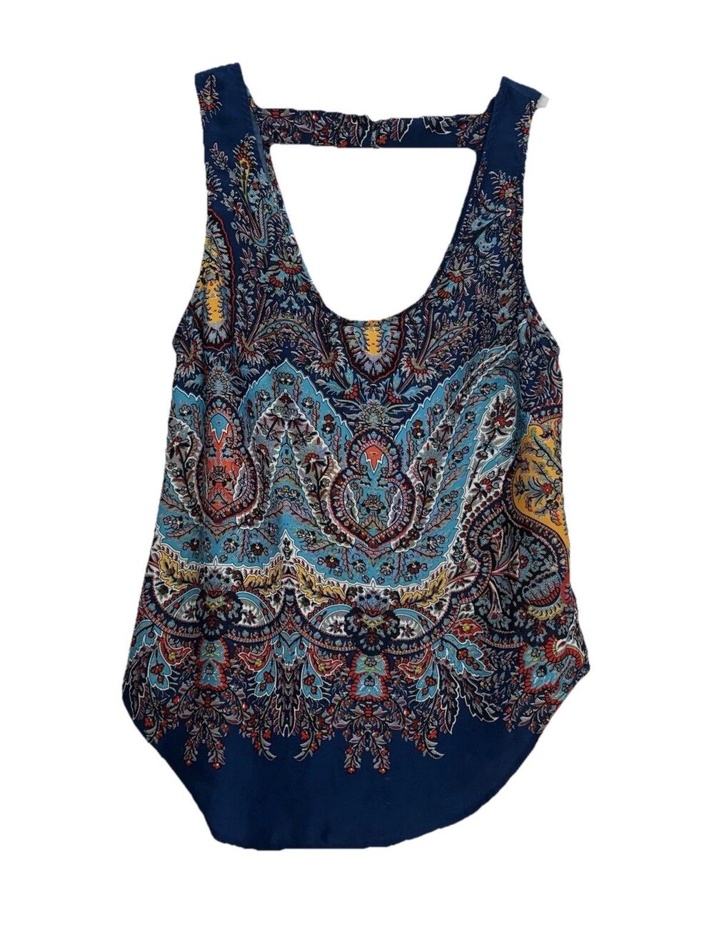 Fun 2 Fun Blouse Womens sz XS Tank Top Gold Blue Paisley Lightweight